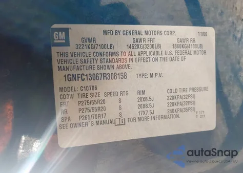 2007 Chevrolet Tahoe Ltz from USA, damaged, VIN 1GNFC13067R308158